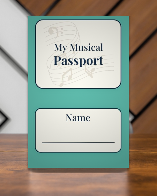 Teal book titled 'My Musical Passport' on a wooden surface