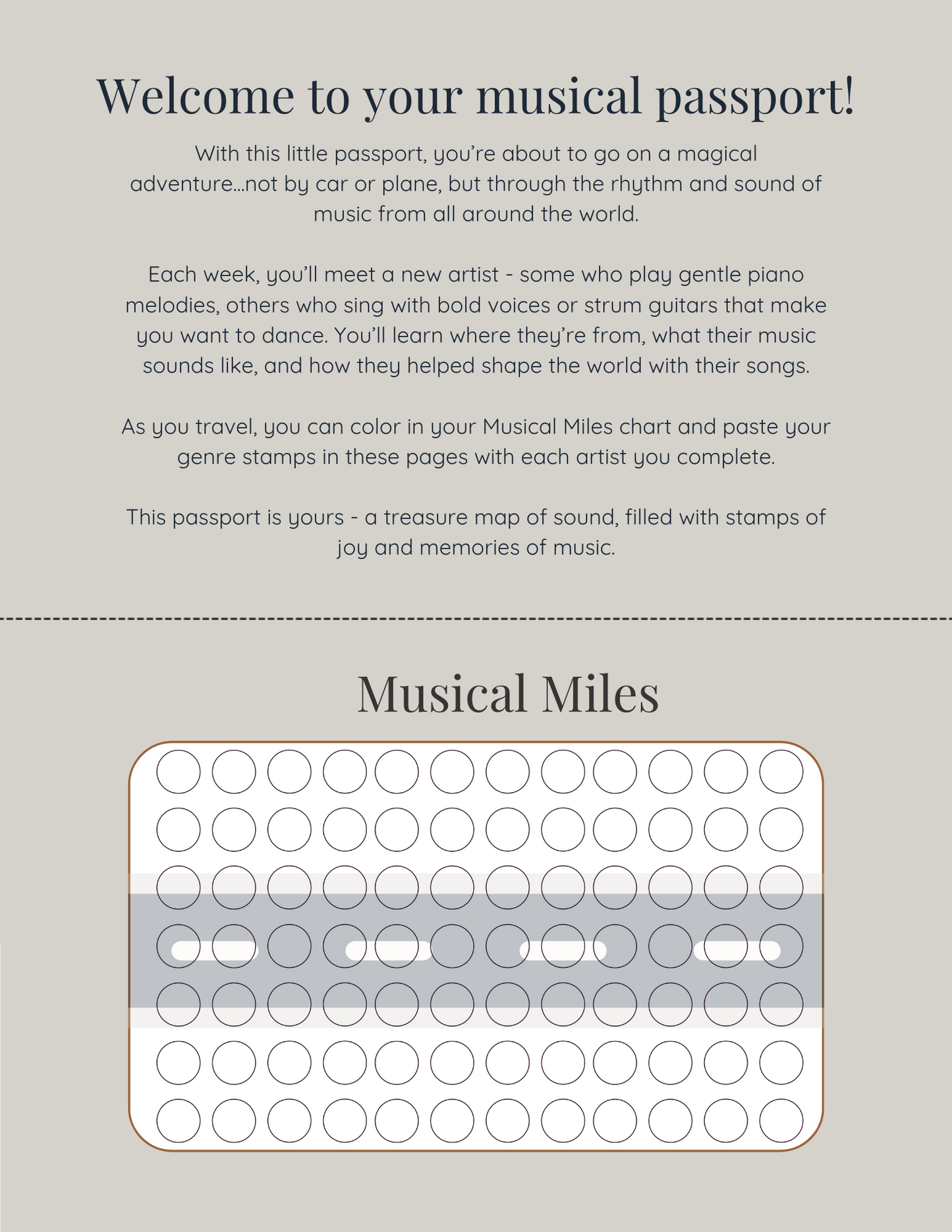 Musical Miles passport with circular stamps on a gray background