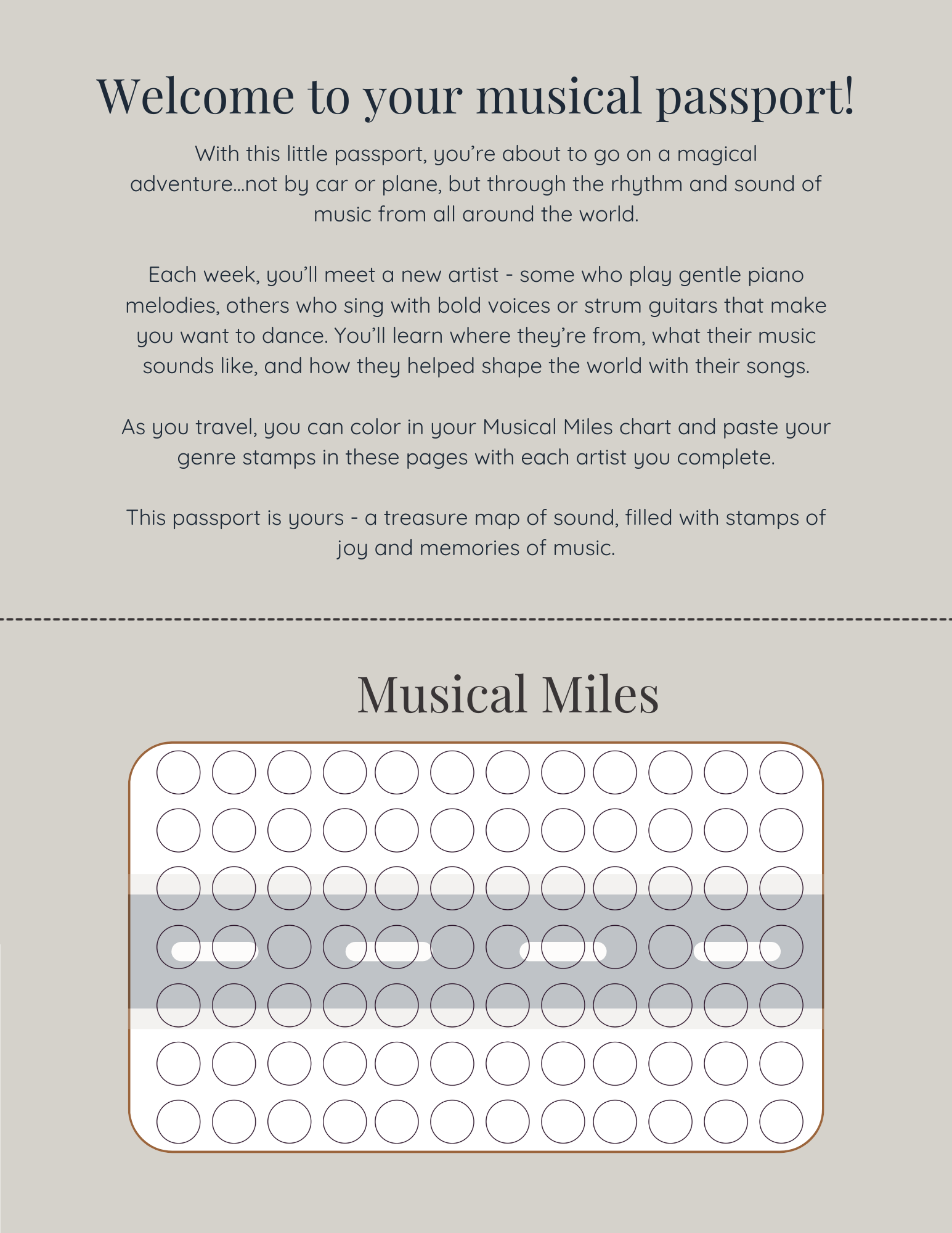 Musical Miles passport with circular stamps on a gray background