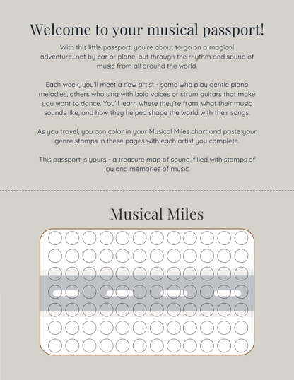 Musical Miles passport with circular stamps on a gray background