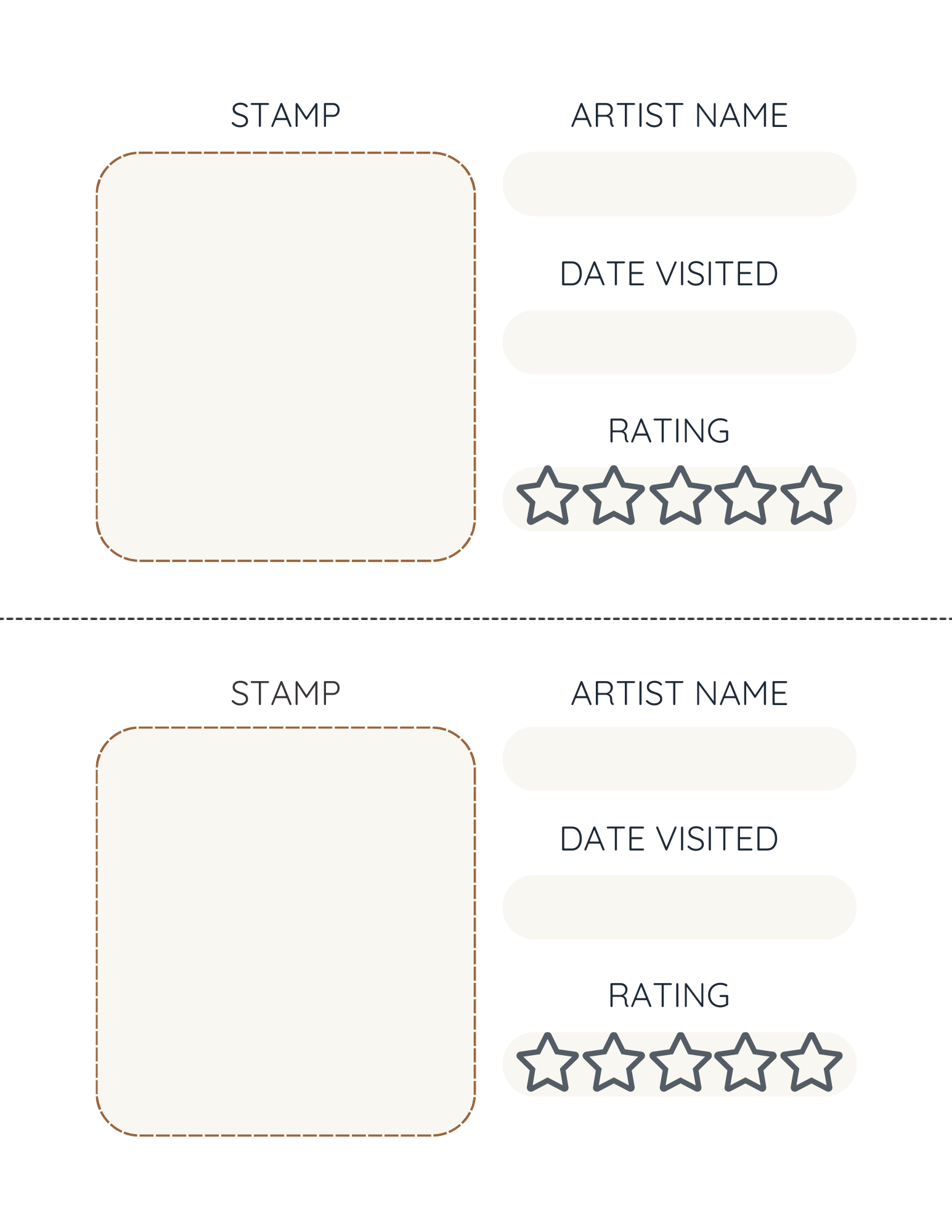 Template for an artist study with fields for artist name, date visited, rating, and stamp.