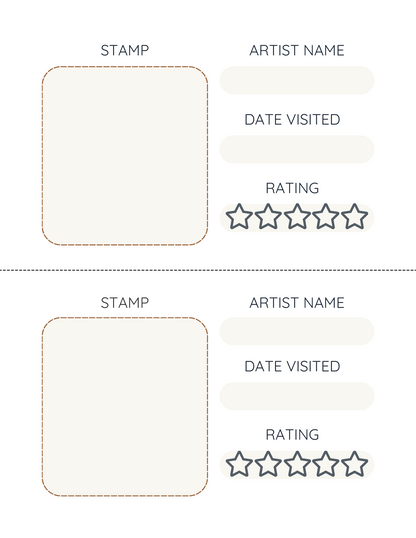 Template for an artist study with fields for artist name, date visited, rating, and stamp.
