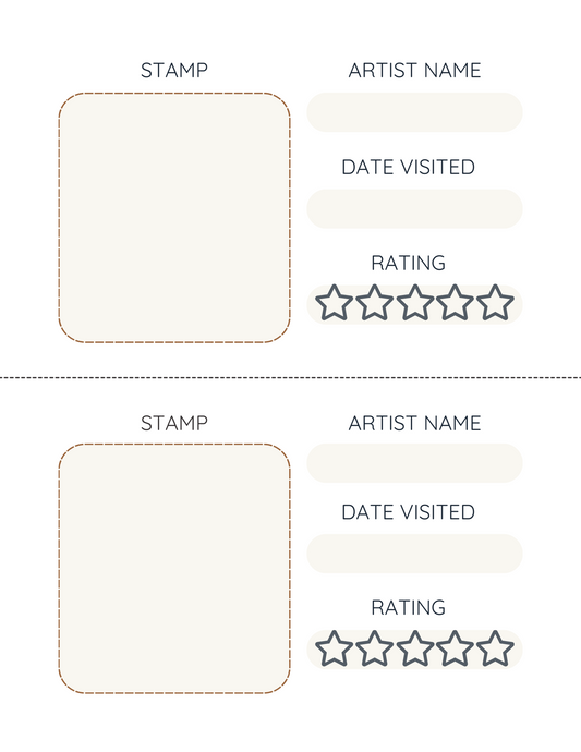 Template for an artist study with fields for artist name, date visited, rating, and stamp.